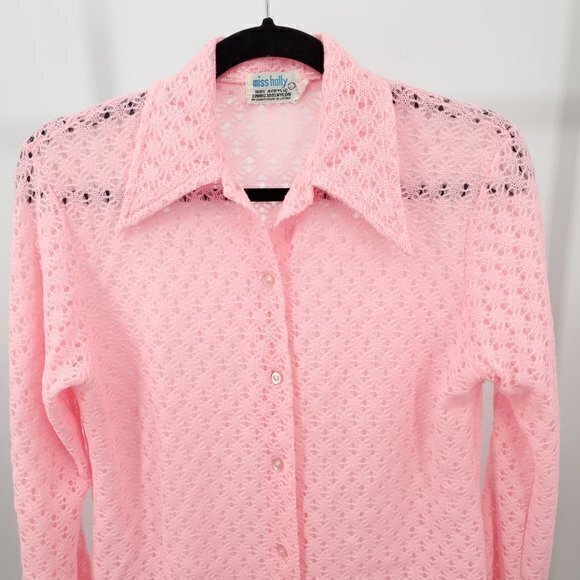VTG 60s/70s Pink Open-Knit Button Shirt W/Dagger Collar  M/L Halloween Disco Mod - Picture 4 of 15